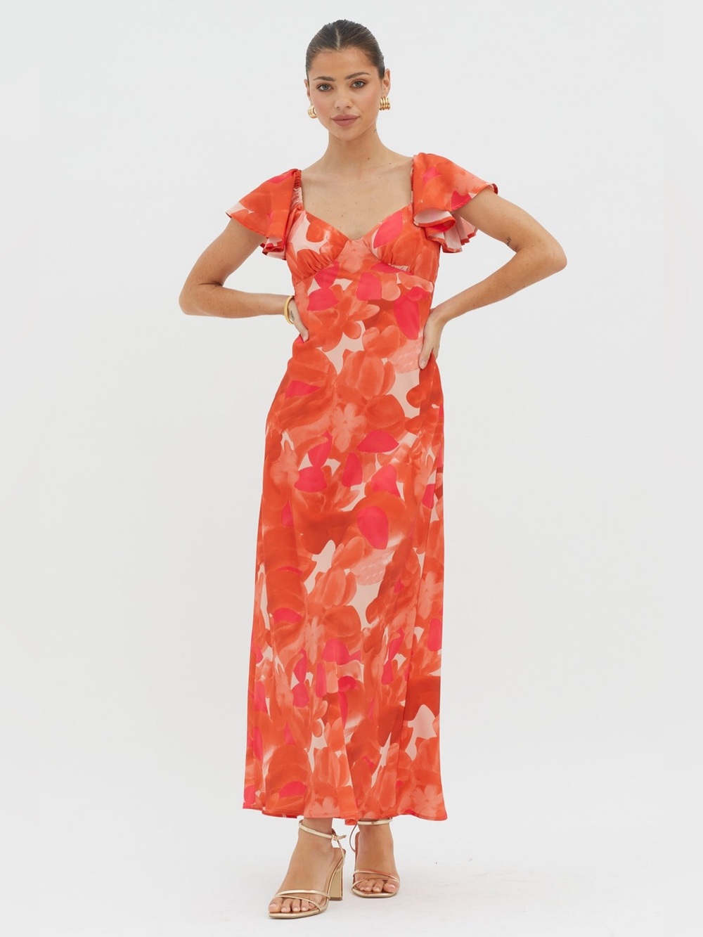 Here Comes The Sun XL Abstract Orange Park Avenue Flutter Sleeve Midi Dress